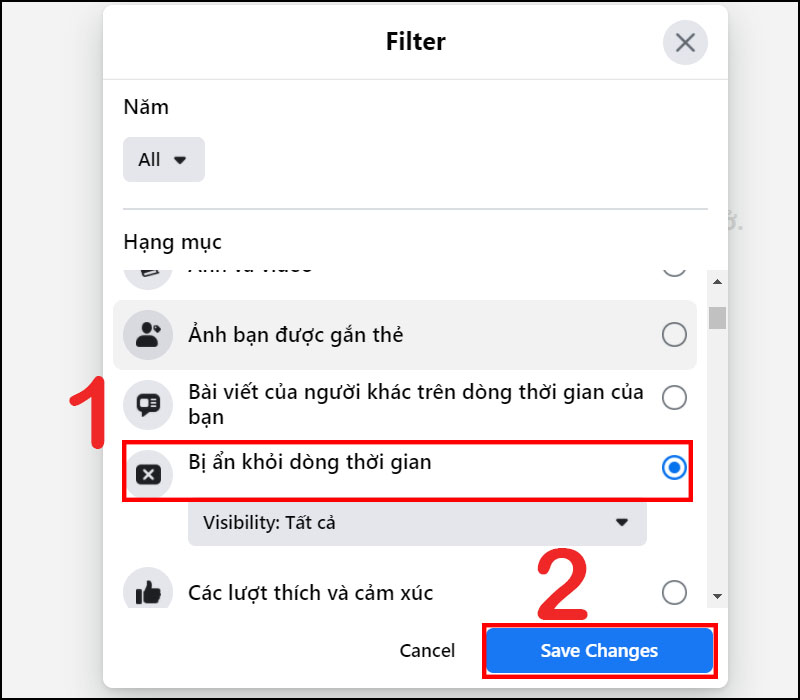 Chọn Bị ẩn khỏi dòng thời gian  Bấm Save Changes